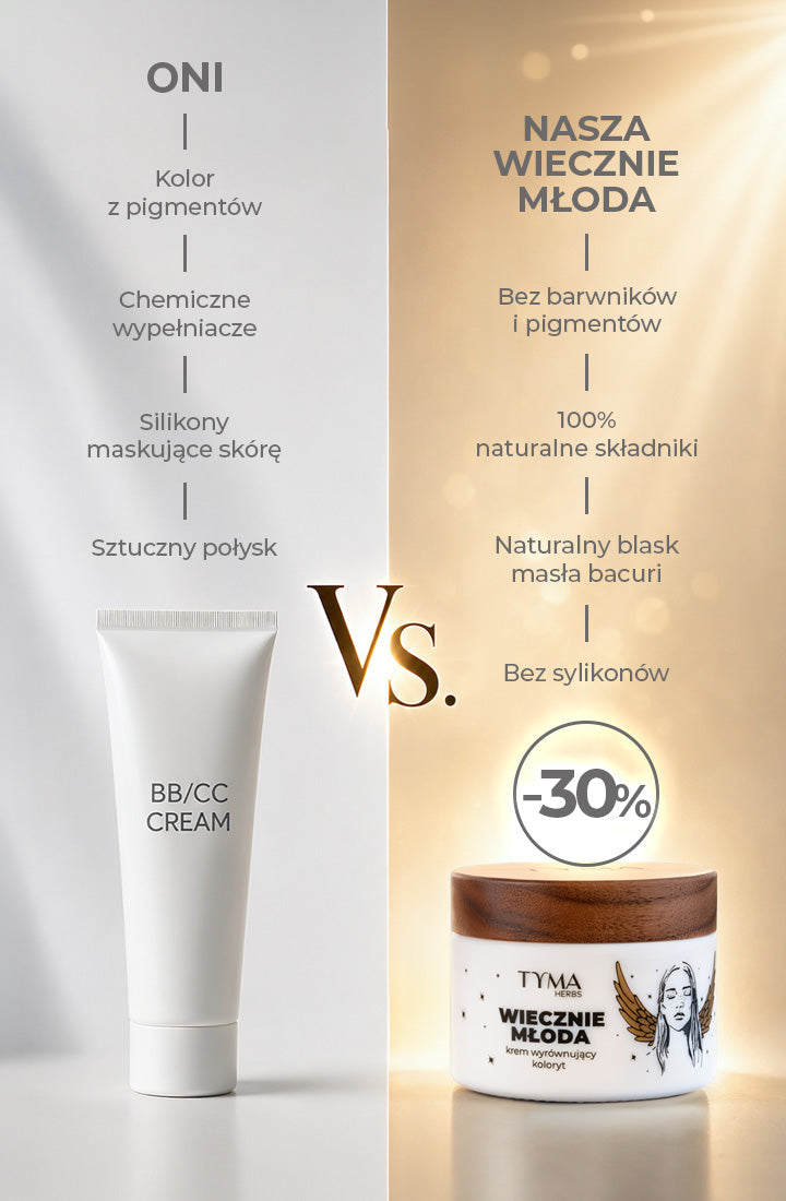 Naturalny krem wyrównujący koloryt Wiecznie Młoda Tyma Herbs – krem zamiast BB, bez pigmentów i silikonów, z 100% naturalnymi składnikami.
