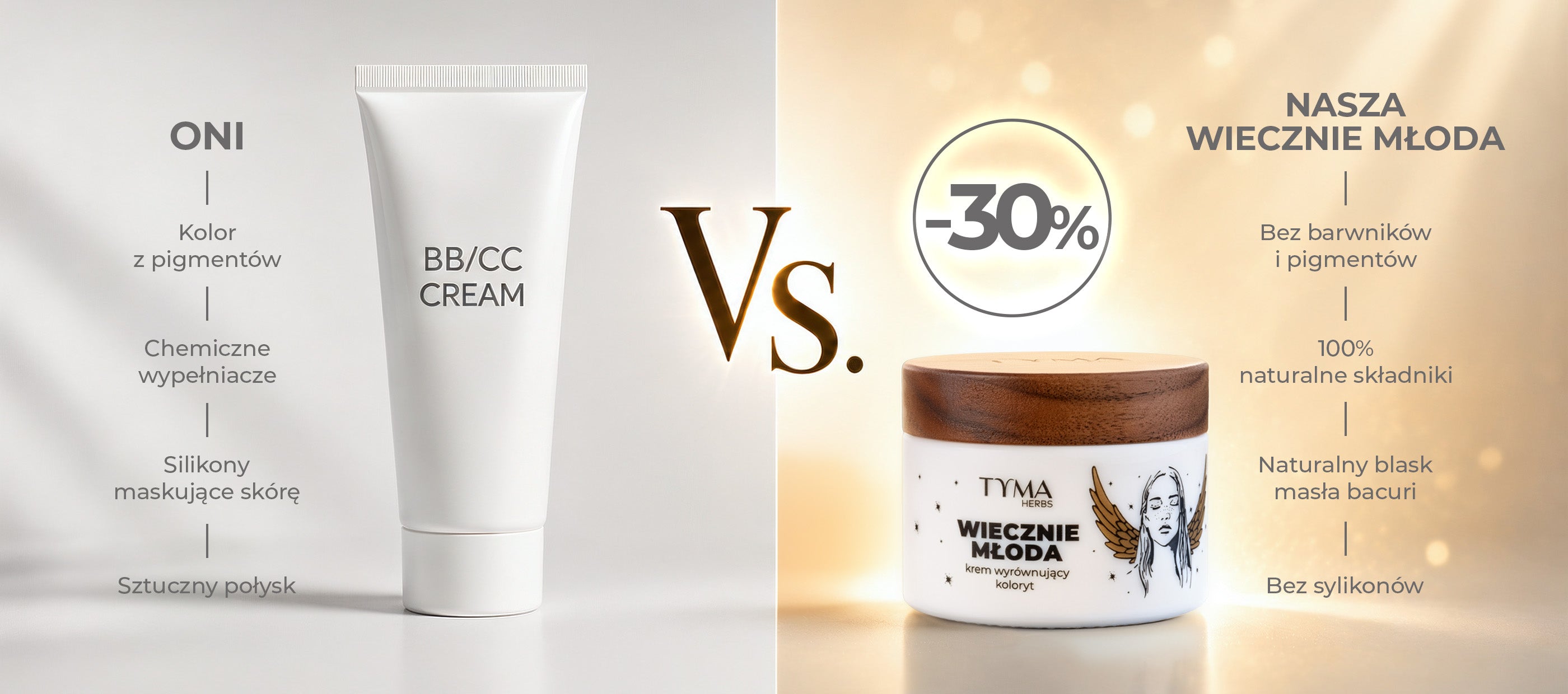 Porównanie kremu BB/CC z naturalnym kremem wyrównującym koloryt Wiecznie Młoda Tyma Herbs – bez pigmentów, z 100% naturalnymi składnikami.