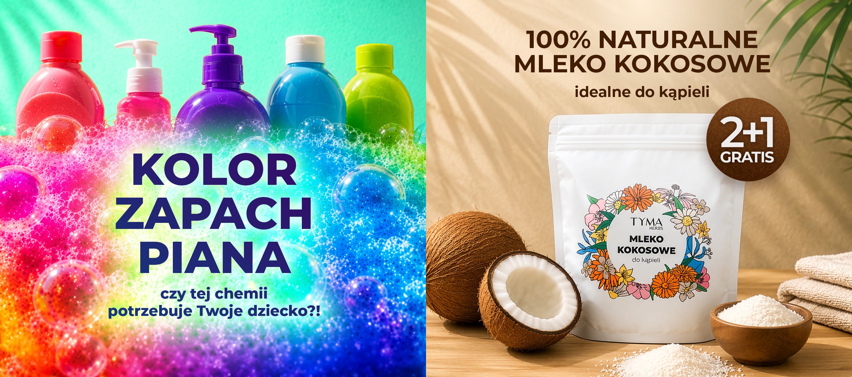 Naturalne mleko kokosowe do kąpieli Tyma Herbs jako alternatywa dla kolorowych płynów do kąpieli dla dzieci. Promocja 2+1 gratis.