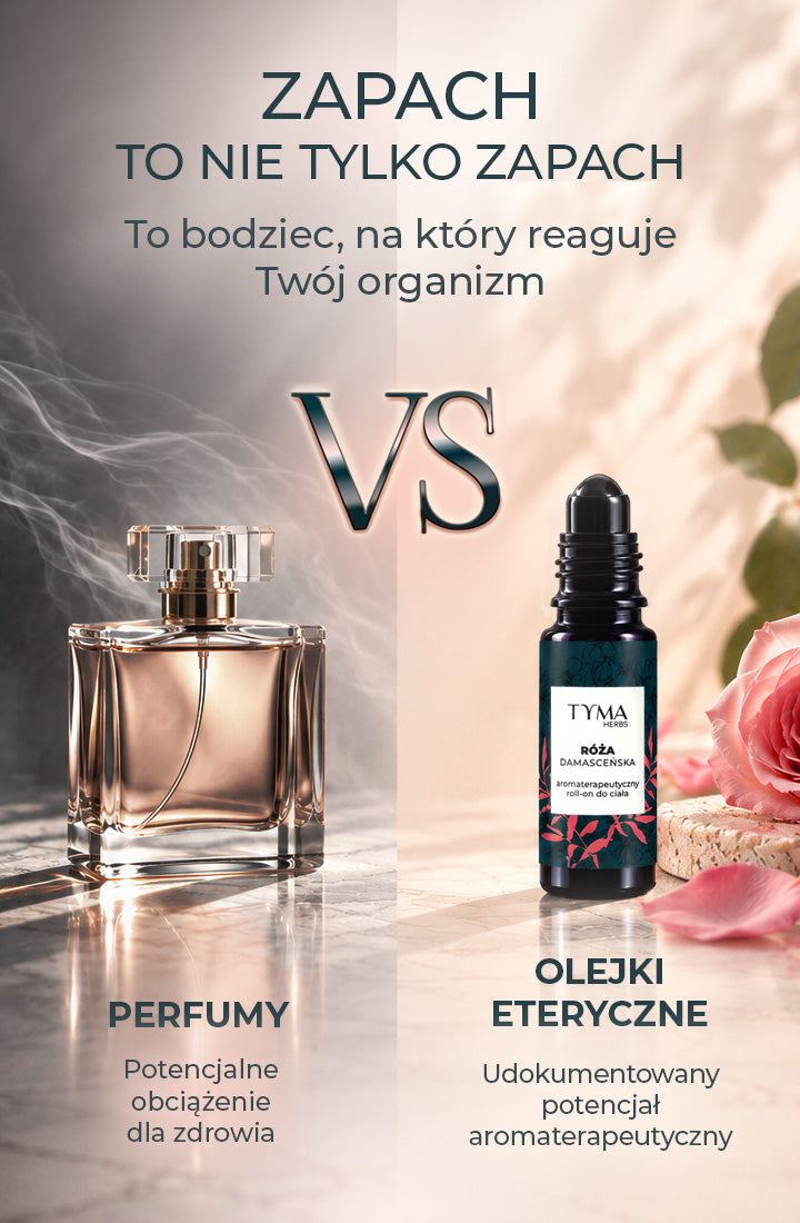 Perfumy kontra naturalne olejki eteryczne – grafika porównująca klasyczne perfumy i aromaterapeutyczny roll-on Róża Damasceńska Tyma Herbs.