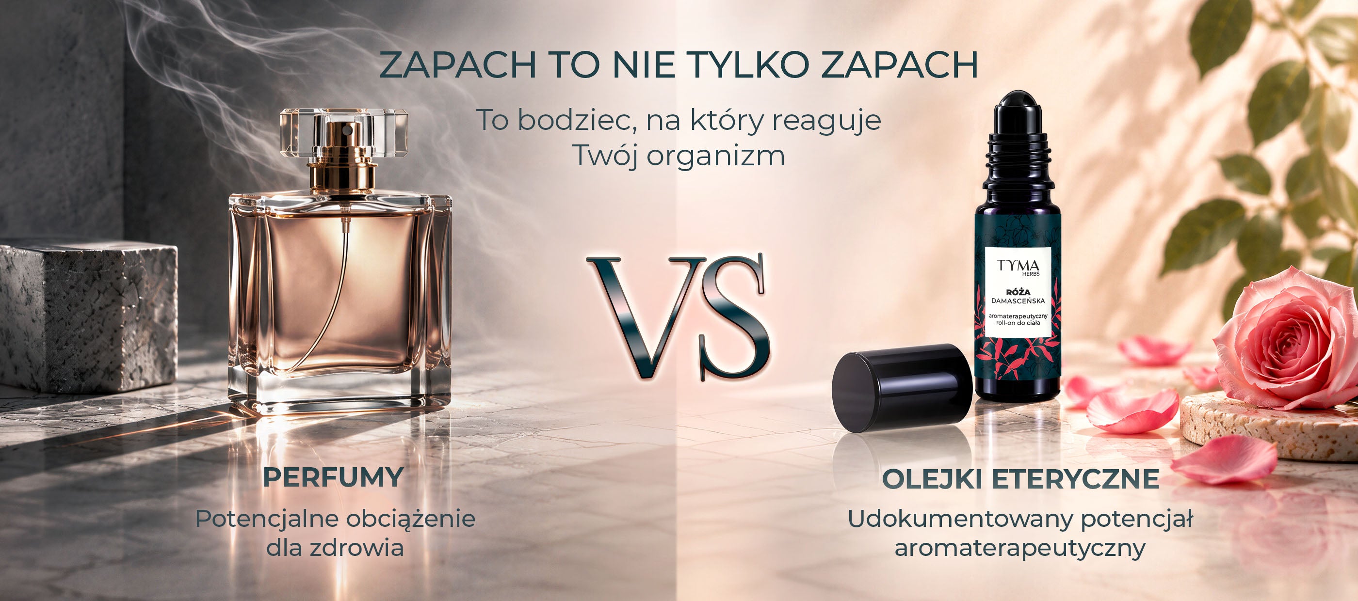 Perfumy a olejki eteryczne – porównanie tradycyjnych perfum z aromaterapeutycznym roll-onem Róża Damasceńska Tyma Herbs.