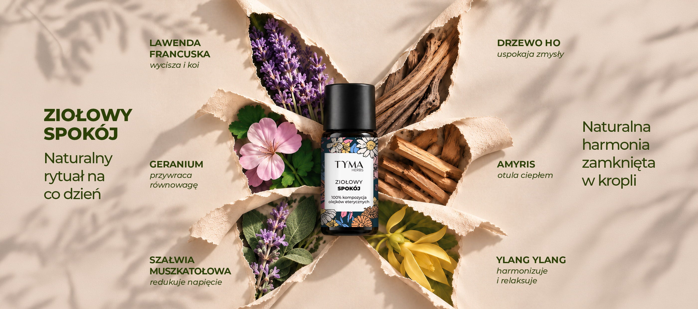 Ziołowy Spokój Tyma Herbs – naturalna kompozycja olejków eterycznych z lawendą, geranium i ylang ylang